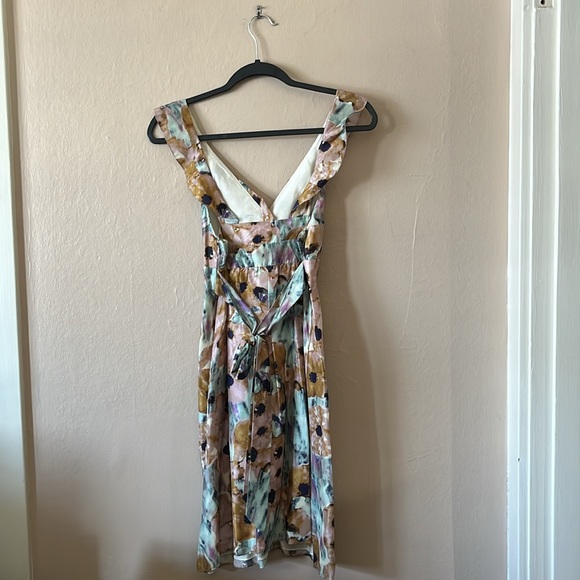 Theory Pastel Watercolor Floral 100% Silk Ruffle Tie Waist Dress 4 - Picture 7 of 14